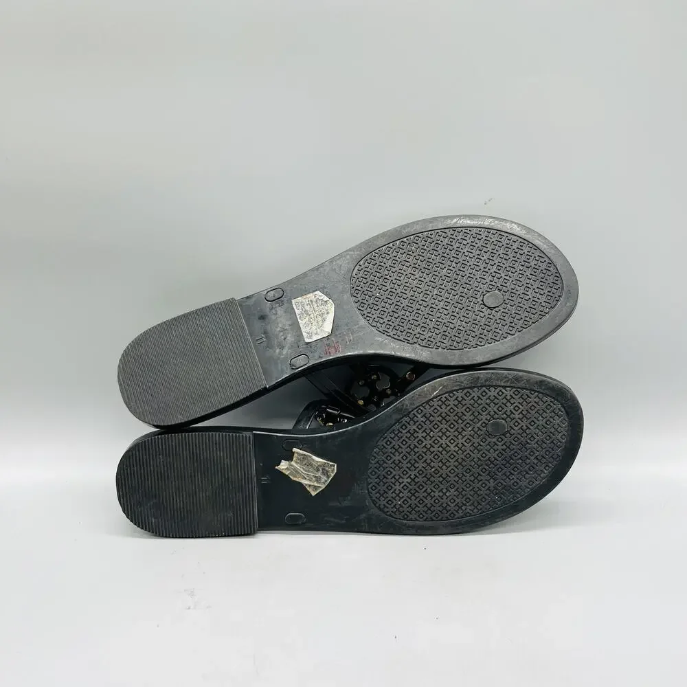 Tory Burch Sandals Womens 11 Black Rubber Jelly Thong Logo Medallion Shoes